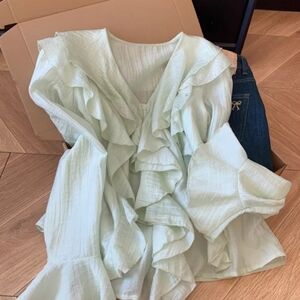Mint Green Ruffle V Neck Blouse